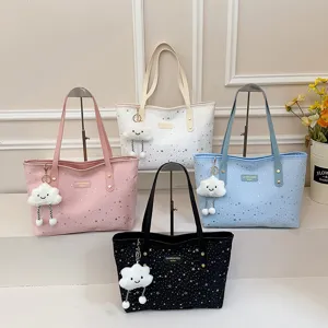 Women Fashion Casual Large Capacity Tote Bag Star Print Shoulder Handbag Synthetic Leather Purse With Plush Pendant