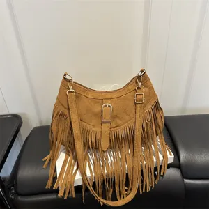 Western Retro PU Leather Underarm Bag Fringe Tassel Shoulder Bag Adjustable Strap Large Capacity Saddle Bag For Women Casual Daily