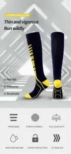 Athletic compression socks detail showing breathable fabric, non-slip sole and pressure design.