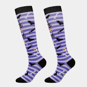 Halloween knee high socks with purple stripes bats and bones funny festival party hosiery