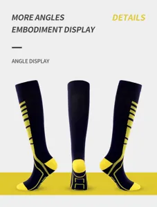 Compression sports socks detail view featuring multi-angle display in dark blue and yellow.
