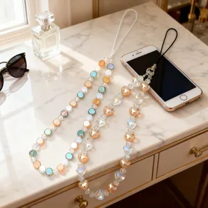 Cadena de Teléfono con Cuentas de Cristal Corazón Redondo Correa de Mano Antipérdida Lanyard Pulsera Corta Joyería Mujer