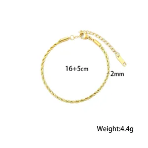 Close-up view of 2mm gold rope chain bracelet with 16+5cm length and 4.4g weight details