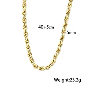 Heavy 5mm golden stainless steel rope chain necklace, adjustable 40+5cm length, hip-hop style