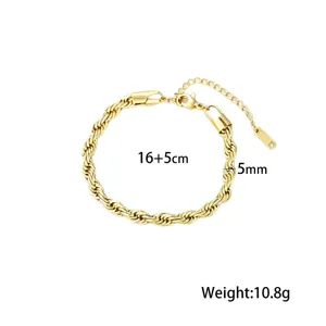 Gold-plated titanium steel twisted rope chain bracelet, length 16+5cm, 5mm wide