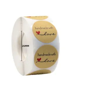 26mm circular kraft paper stickers featuring handmade with love heart design for packaging