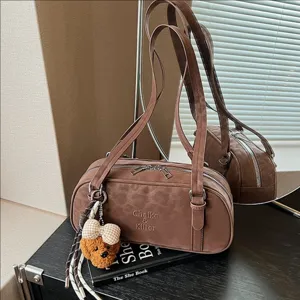 Women's Retro PU Leather Underarm Bag Fashion Leopard Print Bowling Shoulder Bag With Plush Bear Charm Korean Niche Handbag