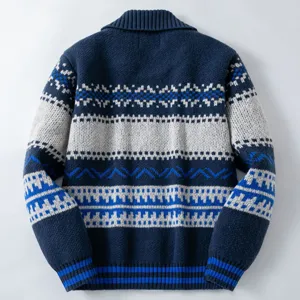 Detailed back view of men's navy blue ethnic jacquard knit thick cardigan sweater