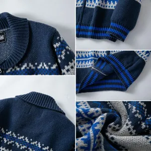Detail of navy blue ethnic jacquard knit sweater with zipper and ribbed textures
