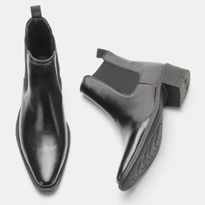 Modische Chelsea-Boots für Herren aus schwarzem Leder mit spitzer Zehenpartie und Blockabsatz
