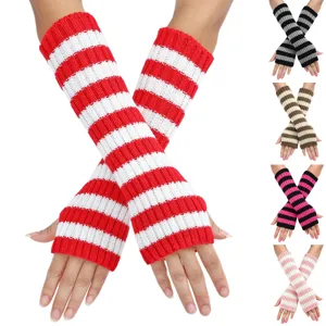 Lange Gestreifte Strick Armstulpen Acryl Fingerlose Warme Handschuhe Mit Daumenloch Y2K Gothic Mode Für Damen