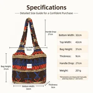 Detail view of plush shoulder bag with size measurements and dimensions