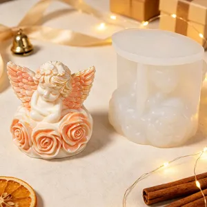 Vista dettagliata dello stampo in silicone angelo su rose per candele e gesso