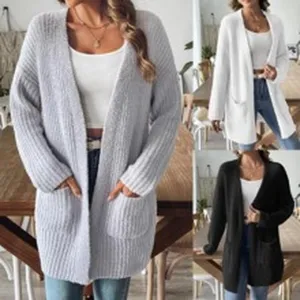 Collage showing long mohair cardigans for women in light blue, white, and black.
