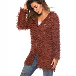 Rust red long mohair cardigan with open front design and chunky knit texture