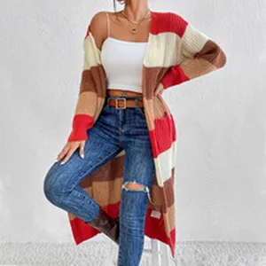 Close-up of a long color-block mohair cardigan with open front and large pockets