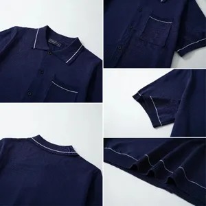 Detalles en primer plano de polo de punto azul marino para hombre con cuello y bolsillo