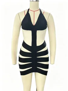 Detailed front view of sexy black and white halter neck deep V bandage bodycon mini dress.