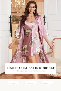 Women's pink floral satin robe set with elegant nightdress for summer comfort