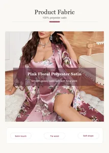 Detailed view of pink floral satin pajama set with 100% polyester fabric information