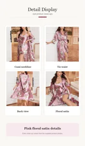 Collage showing cami neckline, tie waist, and back view of pink floral satin robe set.