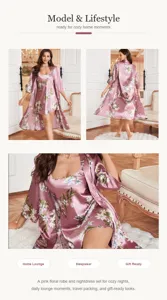 Elegant pink floral satin robe and nightdress set for women in a cozy home setting