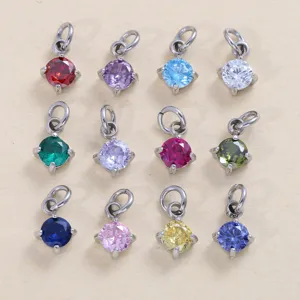 Round Birthstone Zirconia Mini Pendant Stainless Steel Claw Plated CZ Charm For DIY Jewelry Making Accessories