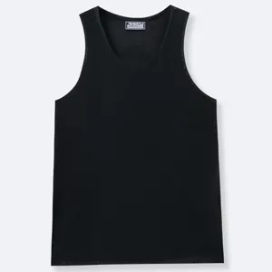 Gedetailleerde weergave van een zwarte mouwloze gebreide tanktop met een U-hals.