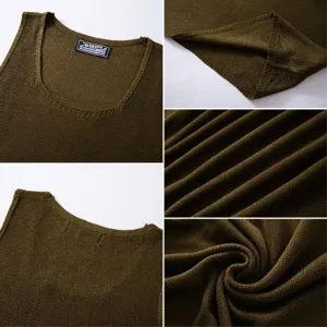 Detailed macro view of olive green knitted men's tank top fabric and U-neck collar.
