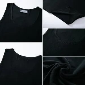 Detailed close-up of a men's black U-neck knitted vest showing fabric texture and seams.