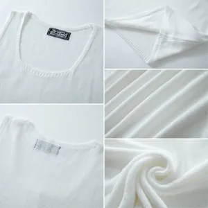 Detailed macro view of the soft knitted fabric and U-neck of the white tank top.