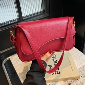 Borsa a Tracolla da Donna in Pelle PU con Texture Litchi Patta a Onde Chiusura Magnetica Hardware Dorato Piccola Borsa Quadrata