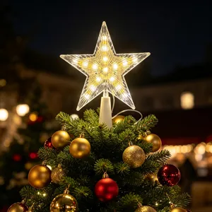 Primo piano di un puntale a stella trasparente illuminato con LED bianco caldo su un albero