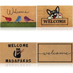 Natural coir doormat set with cute animal prints and welcome text for entryway decoration