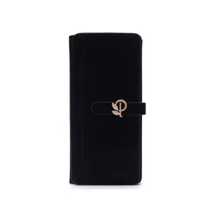 Front view of a sleek black long wallet featuring a decorative gold leaf metal buckle
