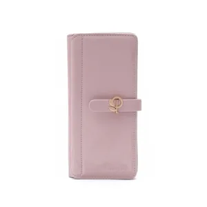 Elegant mauve pink long PU leather wallet featuring a decorative gold leaf metal clasp