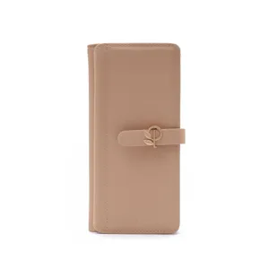 Close-up front view of elegant khaki PU leather wallet featuring a metal leaf-shaped buckle.