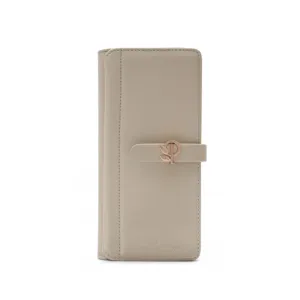 Front detail view of a beige PU leather long wallet for women with gold leaf clasp