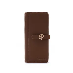 Elegant brown PU leather long wallet for women with decorative metal leaf buckle
