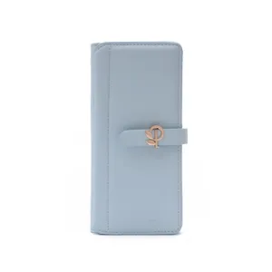 Detail view of a light blue PU leather long wallet with an elegant metal leaf buckle