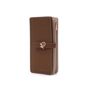 Elegant brown long PU leather wallet for women featuring a leaf-shaped gold buckle.