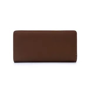 Elegant brown long PU leather wallet for women with minimalist design and stitching