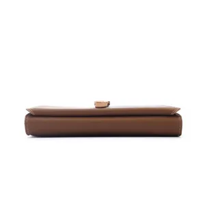 Detailed bottom profile view of a brown long PU leather wallet for women with gold buckle
