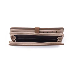 Detail view of a long PU leather wallet showing internal card slots and compartments