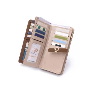 Long PU leather wallet for women featuring multiple card slots and gold leaf clasp