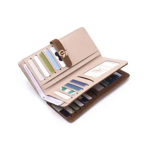 Detailed view of women's long PU leather wallet featuring multiple card slots and buckle