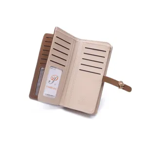 Detailed view of the interior card slots and ID window in this PU leather long wallet