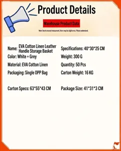 Specifications and dimensions for the EVA cotton linen storage basket with leather handles