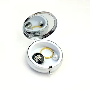 Boîte à pilules portable 6cm en métal argenté avec miroir et rangement de bijoux