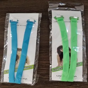 Colorful 1.0cm fabric bra straps in blue and green, shown in retail packaging.